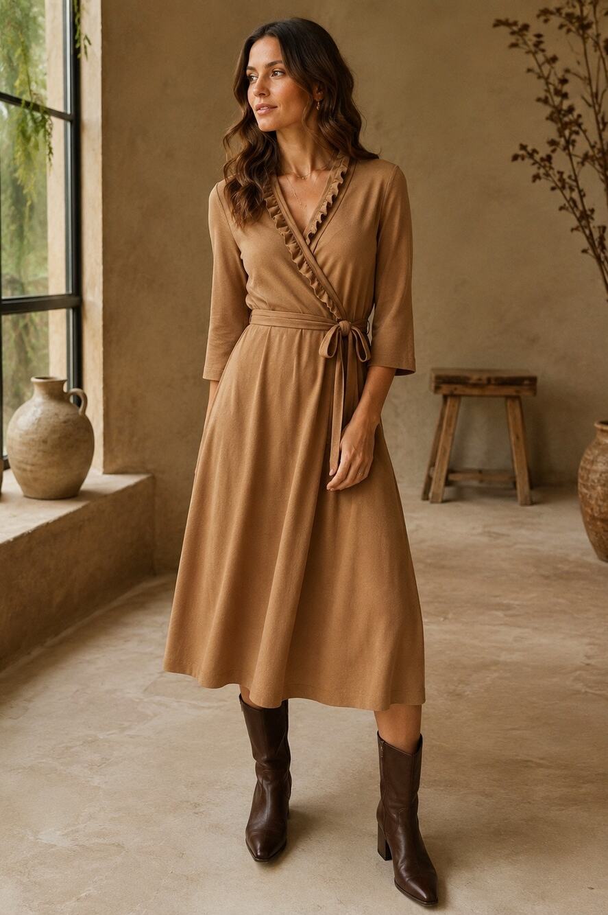 Banana Republic Camel Wool Long Sleeve Ruffle Faux Wrap Midi Dress Size Large